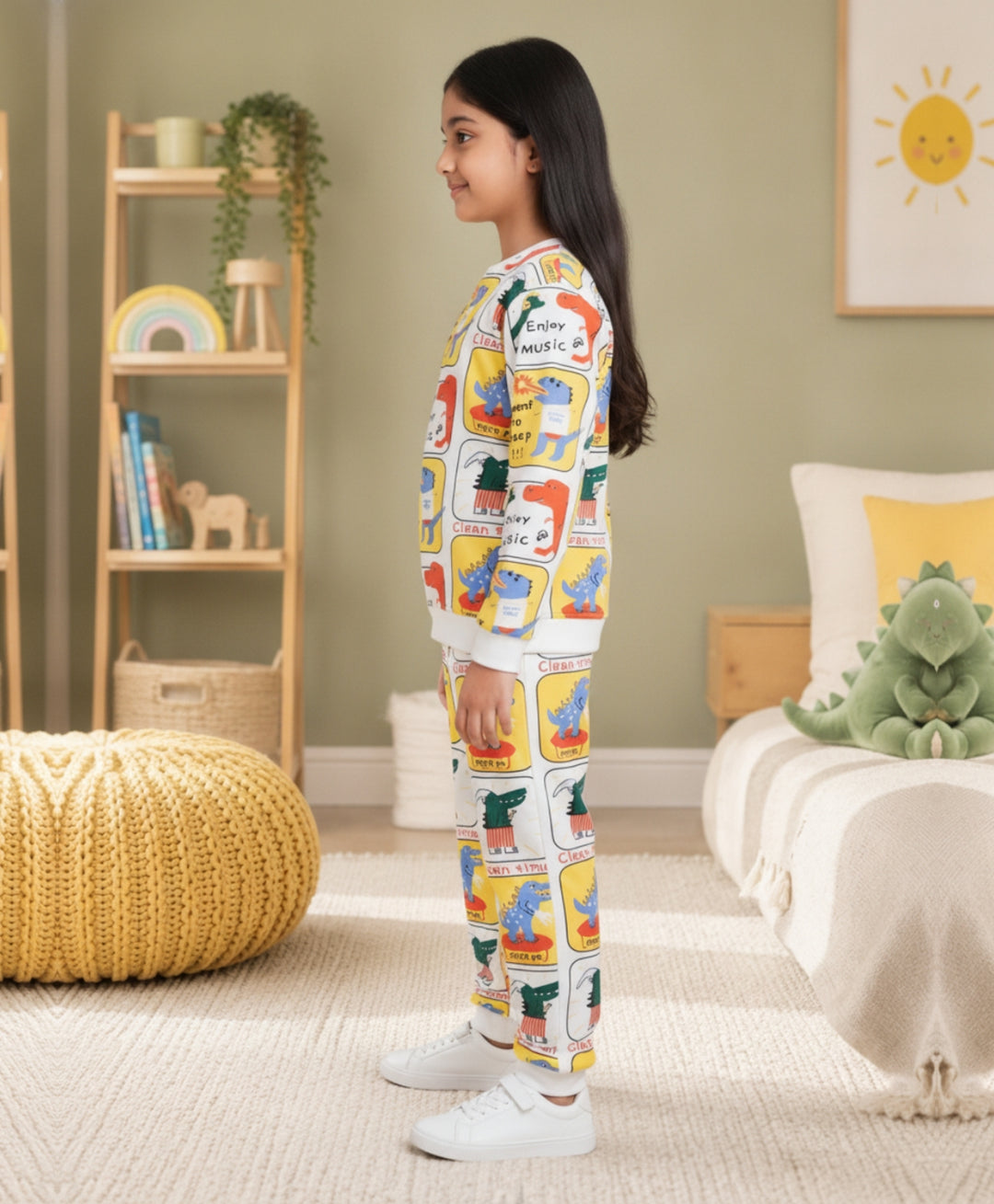 DINOSAUR STAMP GIRLS FLEECE SWEATSHIRT JOGGER SET - OFF WHITE