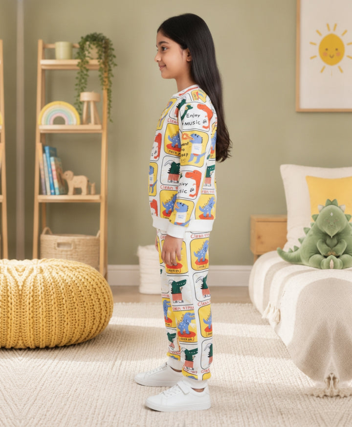 DINOSAUR STAMP GIRLS FLEECE SWEATSHIRT JOGGER SET - OFF WHITE