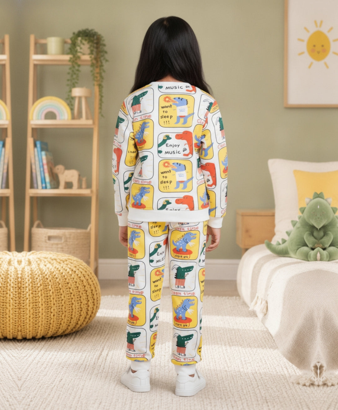 DINOSAUR STAMP GIRLS FLEECE SWEATSHIRT JOGGER SET - OFF WHITE