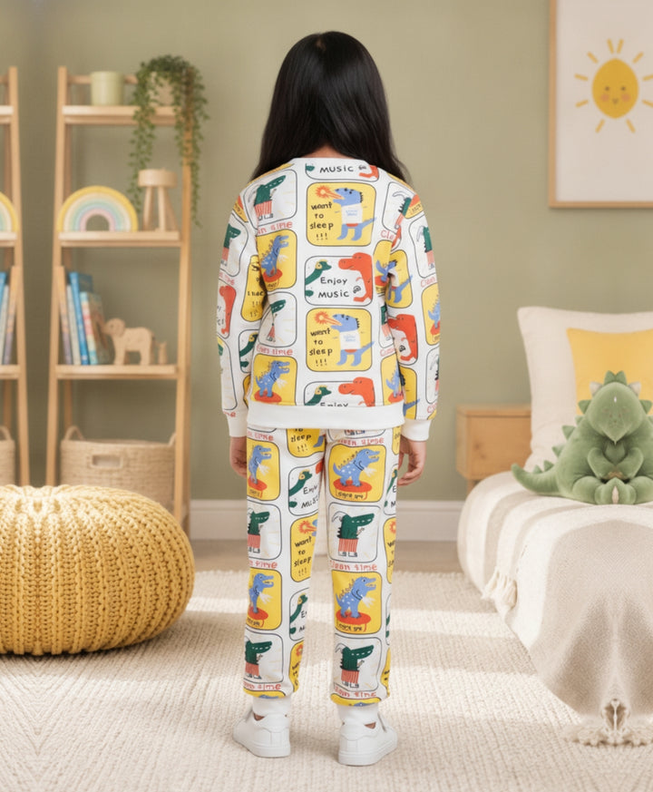 DINOSAUR STAMP GIRLS FLEECE SWEATSHIRT JOGGER SET - OFF WHITE