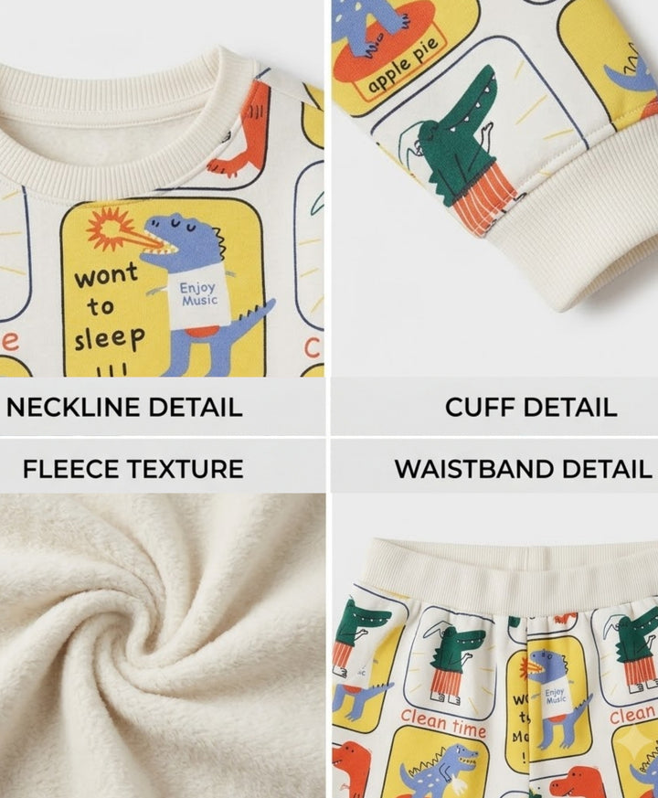 DINOSAUR STAMP GIRLS FLEECE SWEATSHIRT JOGGER SET - OFF WHITE