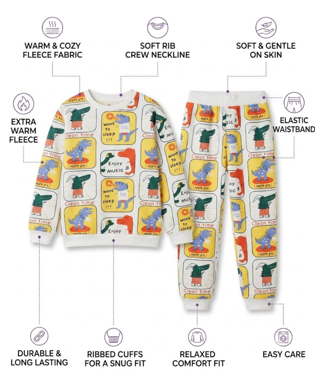 DINOSAUR STAMP GIRLS FLEECE SWEATSHIRT JOGGER SET - OFF WHITE