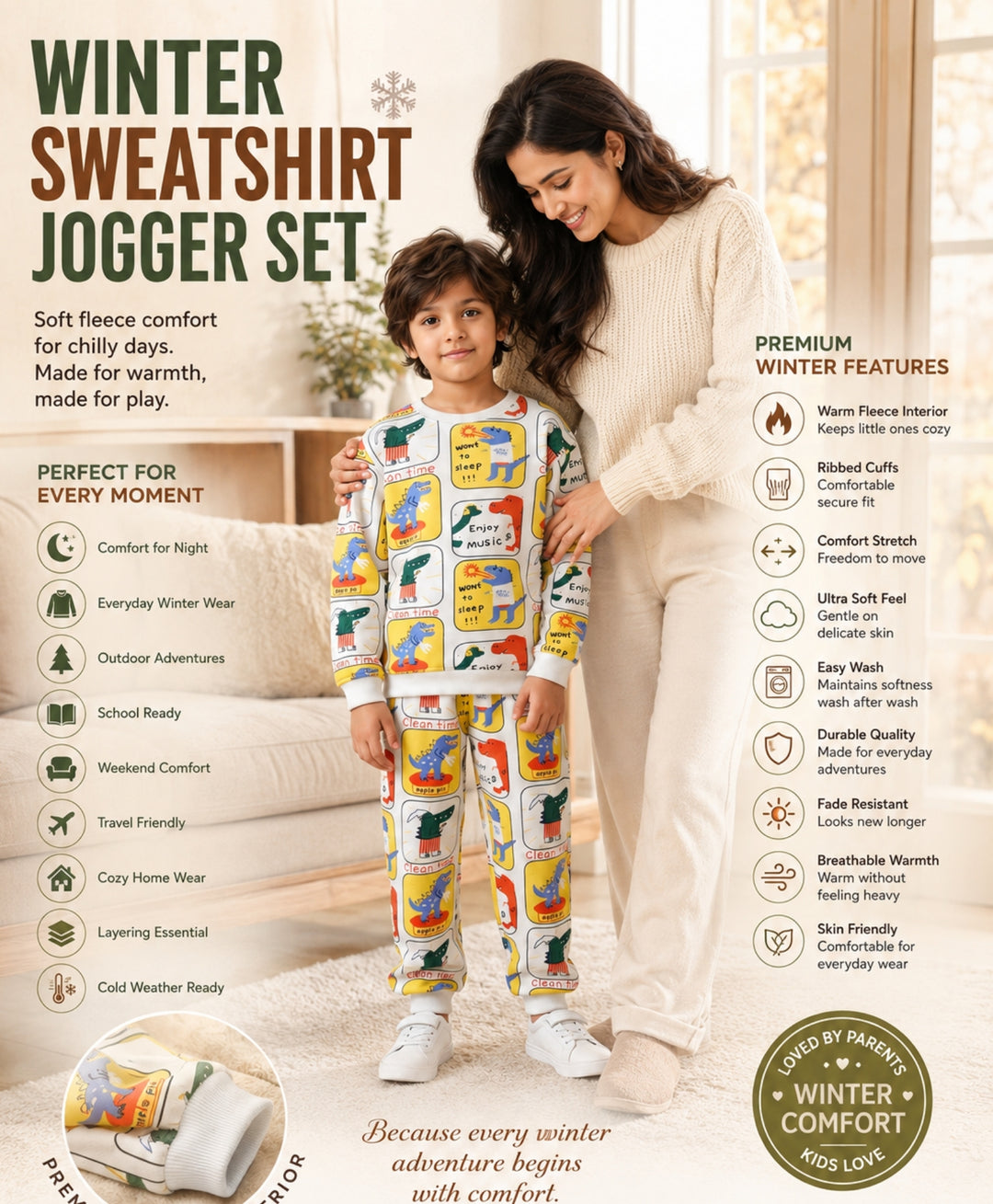 DINOSAUR STAMP FLEECE SWEATSHIRT JOGGER SET - OFF WHITE