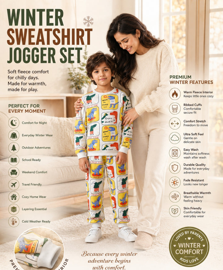 DINOSAUR STAMP FLEECE SWEATSHIRT JOGGER SET - OFF WHITE