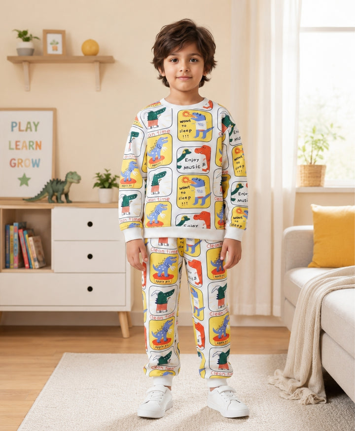 DINOSAUR STAMP FLEECE SWEATSHIRT JOGGER SET - OFF WHITE