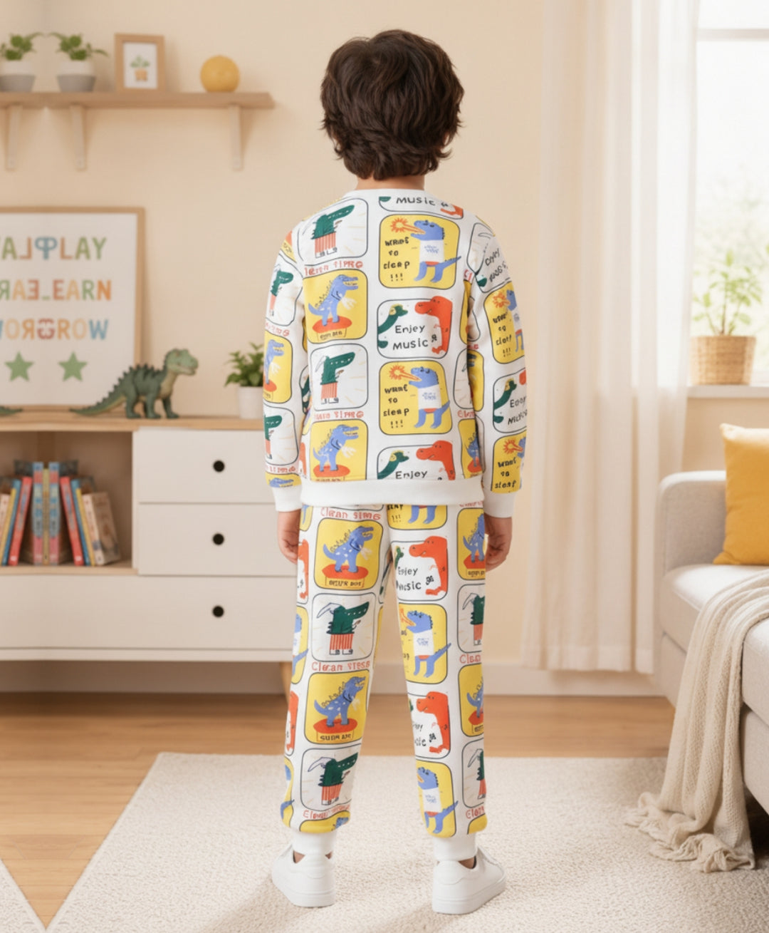 DINOSAUR STAMP FLEECE SWEATSHIRT JOGGER SET - OFF WHITE