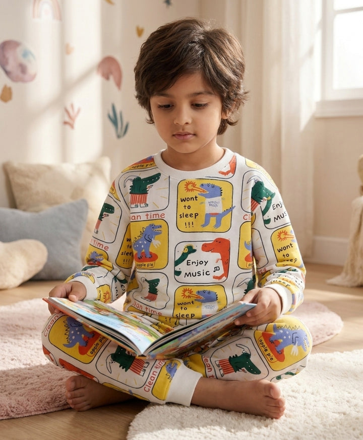 DINOSAUR STAMP FLEECE SWEATSHIRT JOGGER SET - OFF WHITE