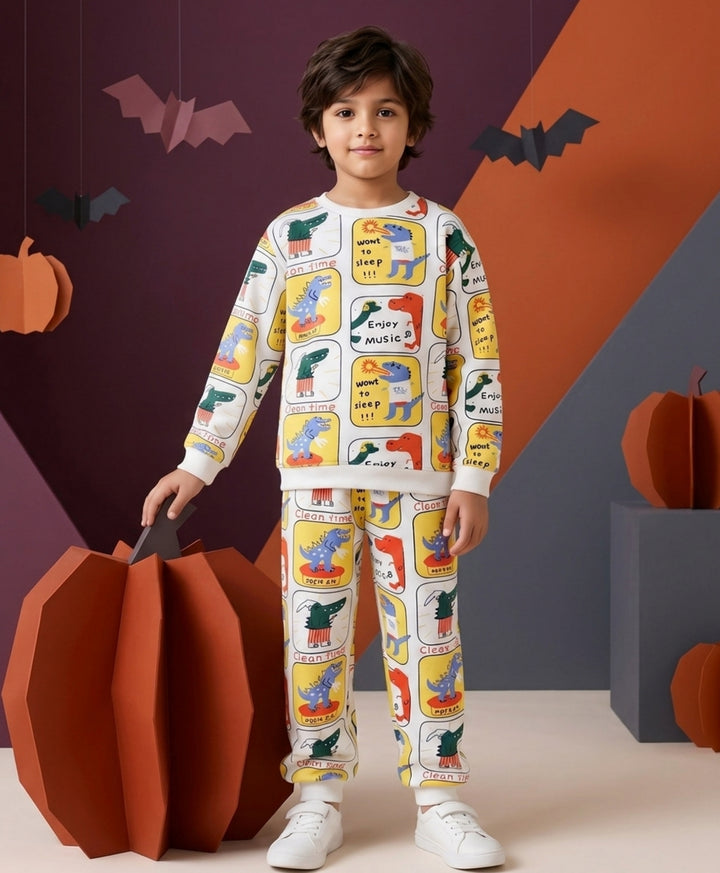 DINOSAUR STAMP FLEECE SWEATSHIRT JOGGER SET - OFF WHITE