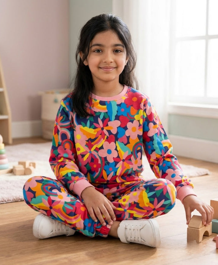 FUN FLORAL FLEECE SWEATSHIRT JOGGER SET - PINK