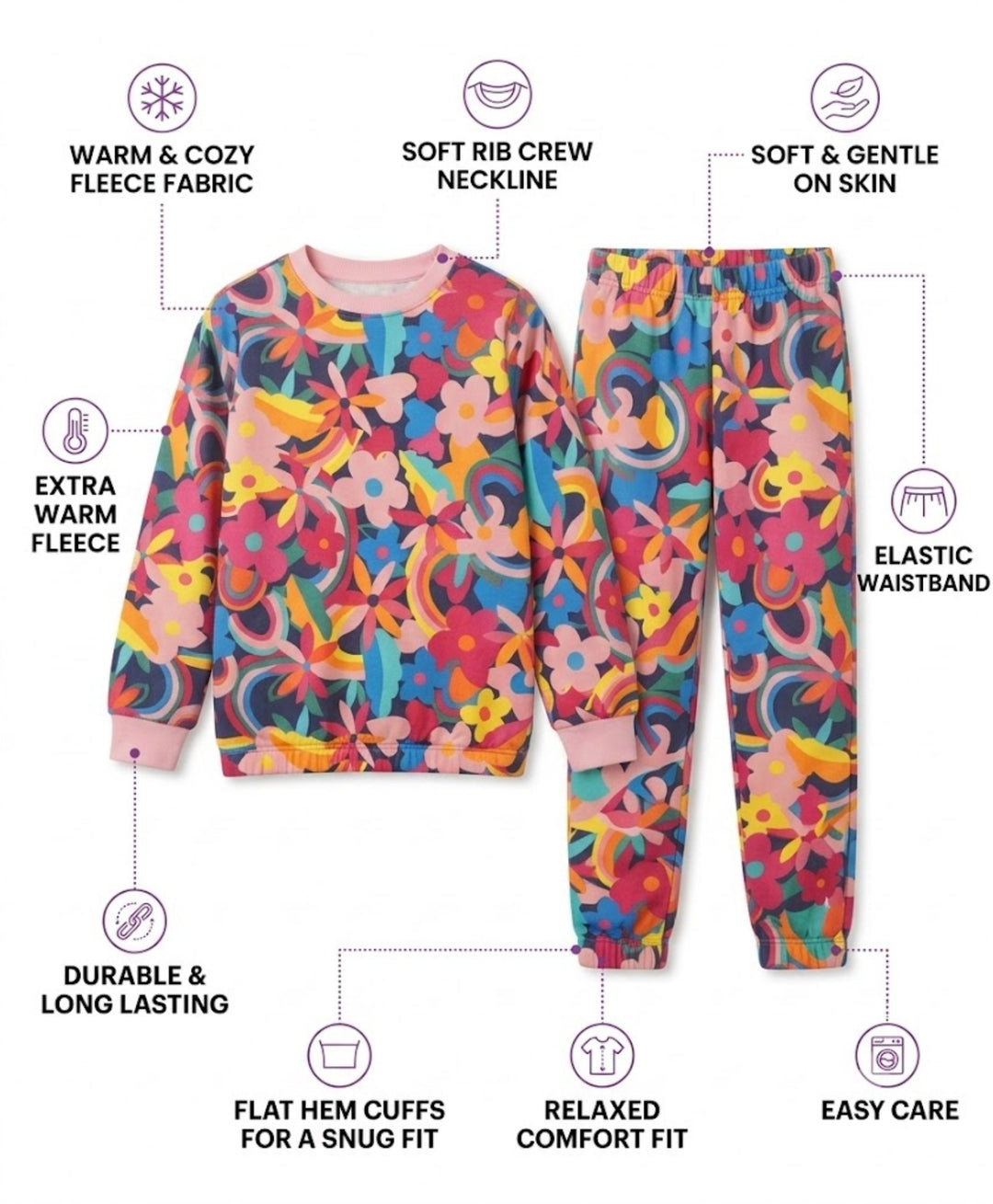 FUN FLORAL GIRLS FLEECE SWEATSHIRT JOGGER SET - PINK