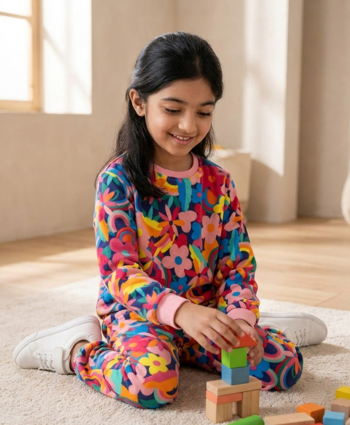FUN FLORAL FLEECE SWEATSHIRT JOGGER SET - PINK