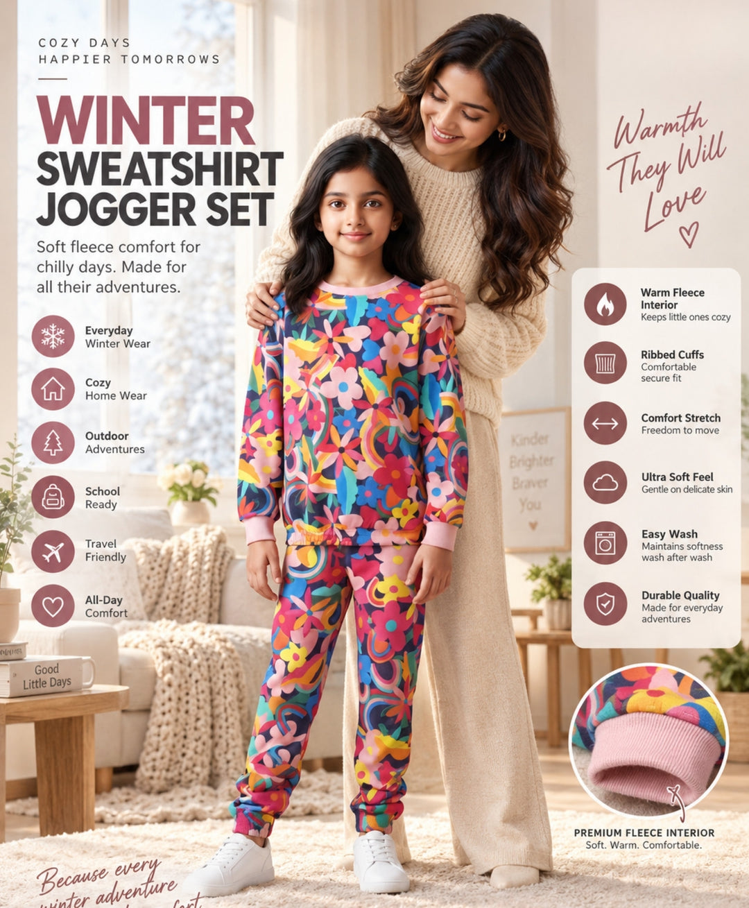FUN FLORAL GIRLS FLEECE SWEATSHIRT JOGGER SET - PINK