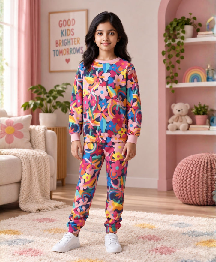 FUN FLORAL GIRLS FLEECE SWEATSHIRT JOGGER SET - PINK