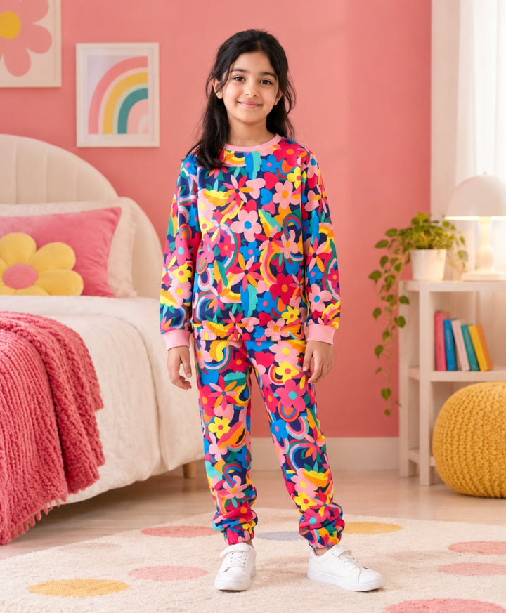 FUN FLORAL FLEECE SWEATSHIRT JOGGER SET - PINK