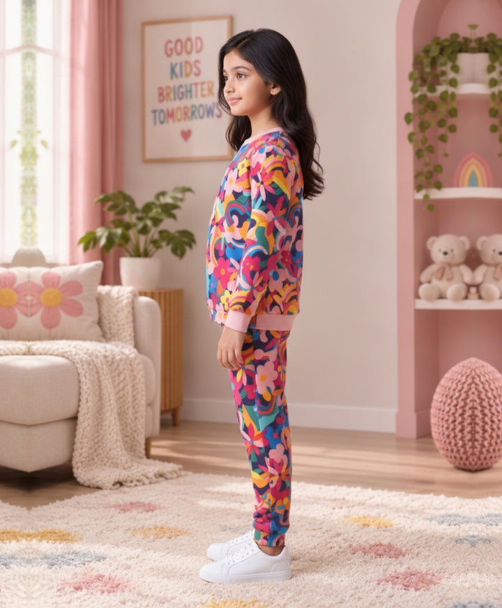 FUN FLORAL GIRLS FLEECE SWEATSHIRT JOGGER SET - PINK