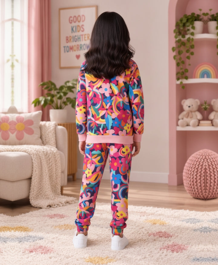 FUN FLORAL GIRLS FLEECE SWEATSHIRT JOGGER SET - PINK