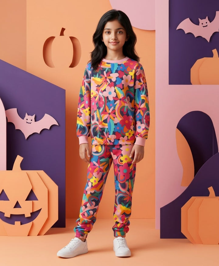 FUN FLORAL GIRLS FLEECE SWEATSHIRT JOGGER SET - PINK