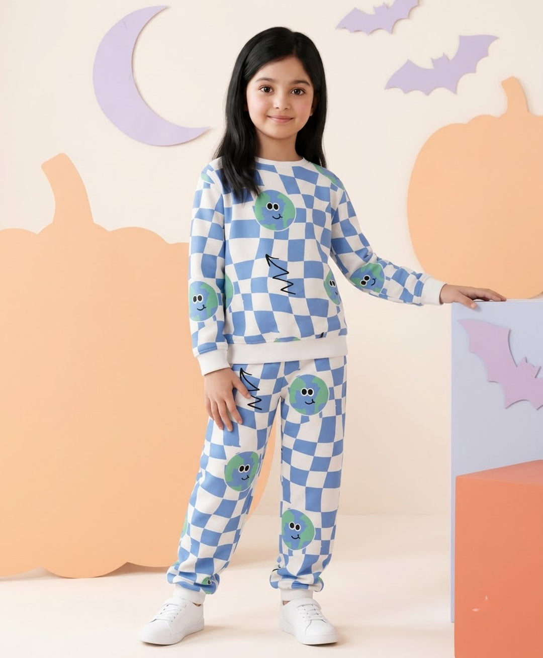 GLOBE CHECK GIRLS FLEECE SWEATSHIRT JOGGER SET - BLUE