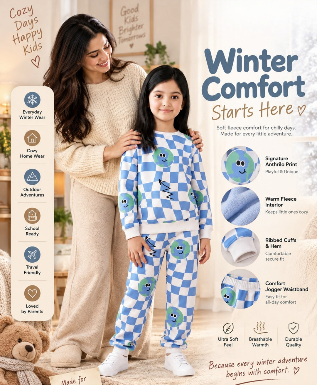 GLOBE CHECK GIRLS FLEECE SWEATSHIRT JOGGER SET - BLUE