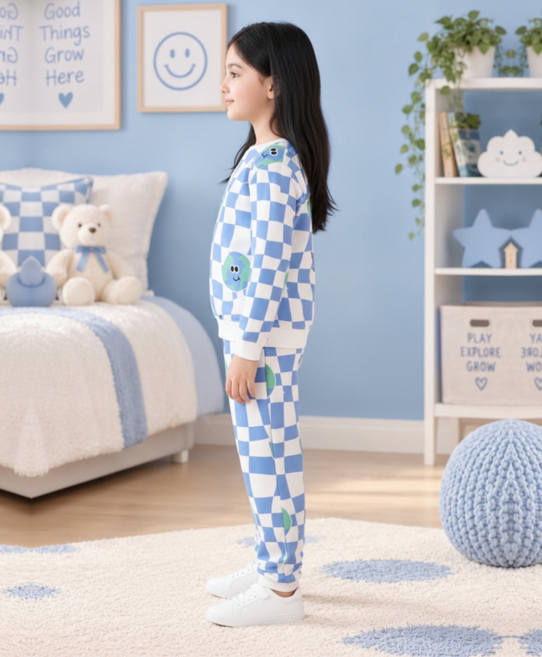 GLOBE CHECK GIRLS FLEECE SWEATSHIRT JOGGER SET - BLUE