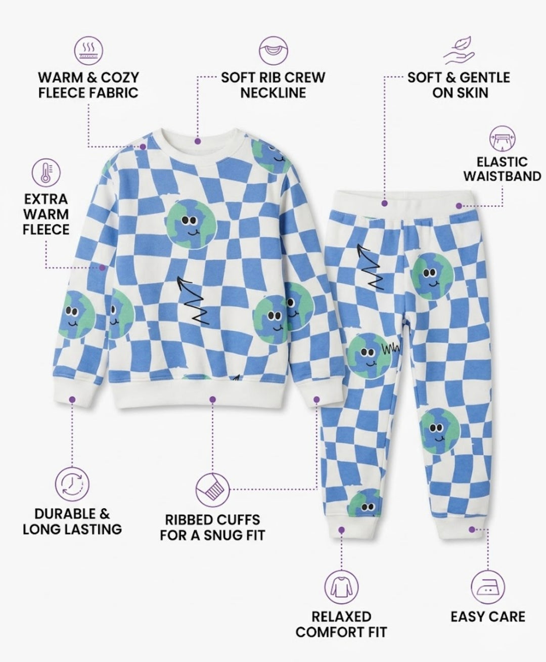 GLOBE CHECK GIRLS FLEECE SWEATSHIRT JOGGER SET - BLUE