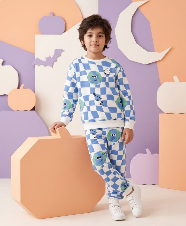 GLOBE CHECK FLEECE SWEATSHIRT JOGGER SET - BLUE