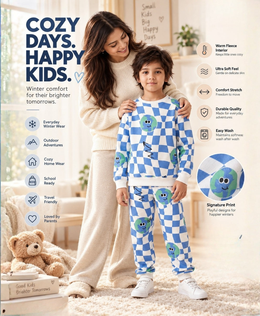 GLOBE CHECK FLEECE SWEATSHIRT JOGGER SET - BLUE