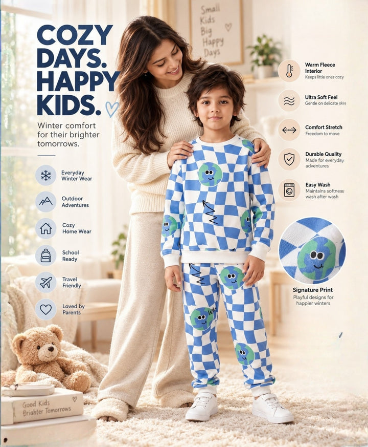 GLOBE CHECK FLEECE SWEATSHIRT JOGGER SET - BLUE