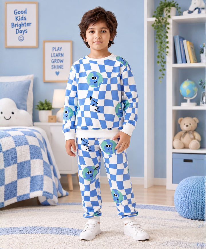 GLOBE CHECK FLEECE SWEATSHIRT JOGGER SET - BLUE