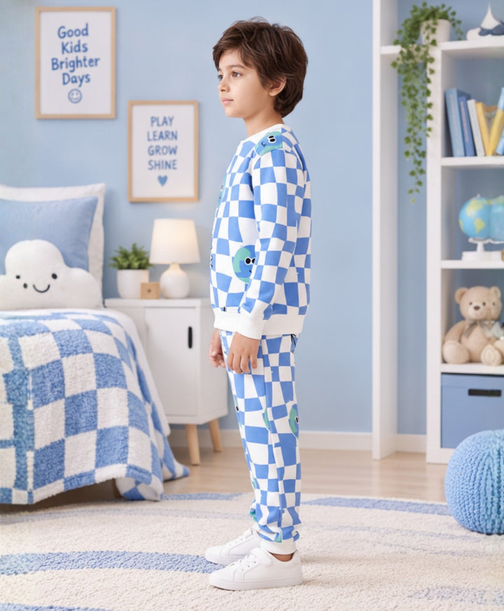 GLOBE CHECK FLEECE SWEATSHIRT JOGGER SET - BLUE
