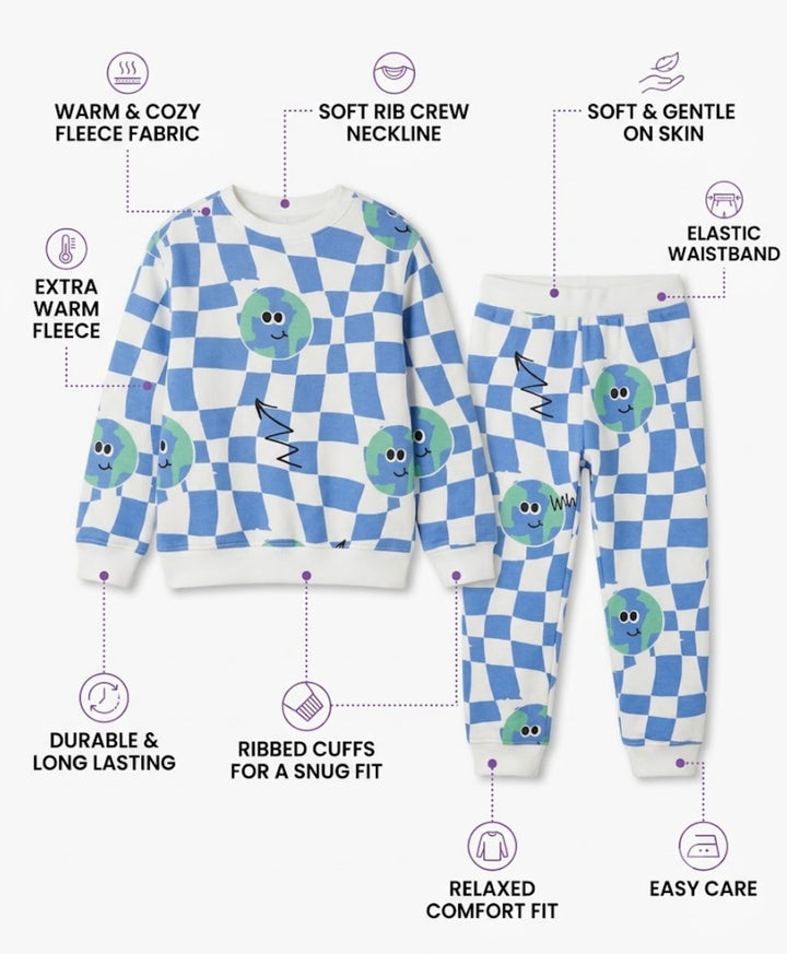GLOBE CHECK FLEECE SWEATSHIRT JOGGER SET - BLUE