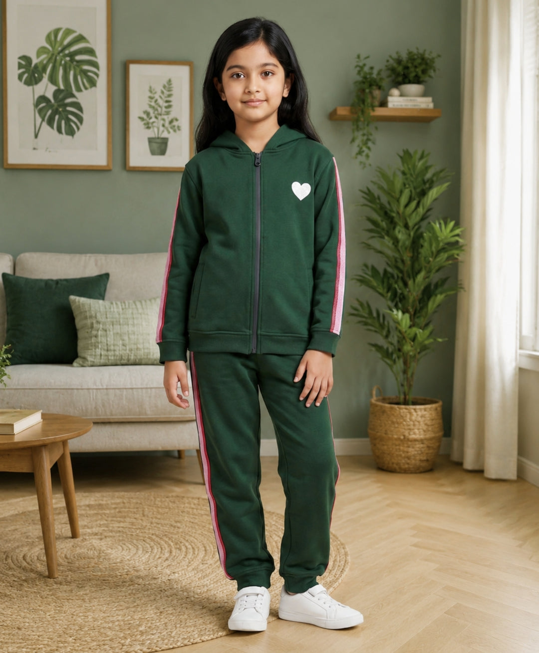 OLIVE FLEECE PINK GLITTER TAPE ZIPPER HOODIE JOGGER SET - OLIVE