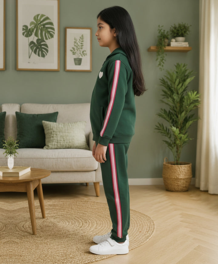 OLIVE FLEECE PINK GLITTER TAPE ZIPPER HOODIE JOGGER SET - OLIVE