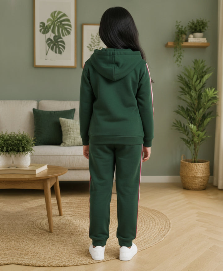 OLIVE FLEECE PINK GLITTER TAPE ZIPPER HOODIE JOGGER SET - OLIVE