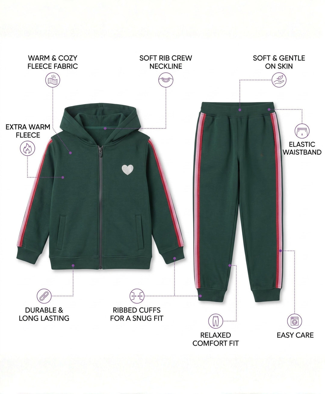 OLIVE FLEECE PINK GLITTER TAPE ZIPPER HOODIE JOGGER SET - OLIVE