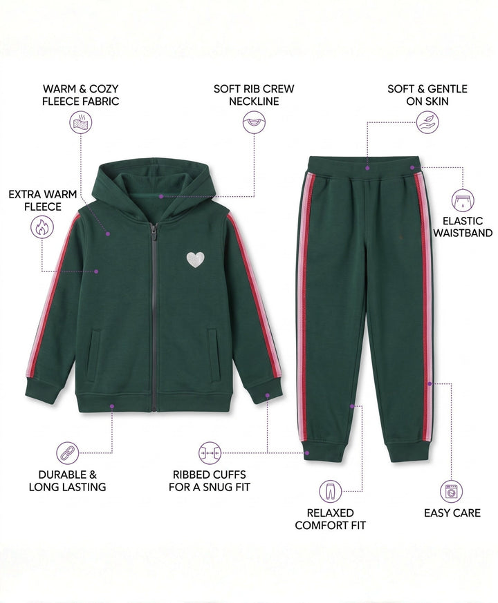 OLIVE FLEECE PINK GLITTER TAPE ZIPPER HOODIE JOGGER SET - OLIVE