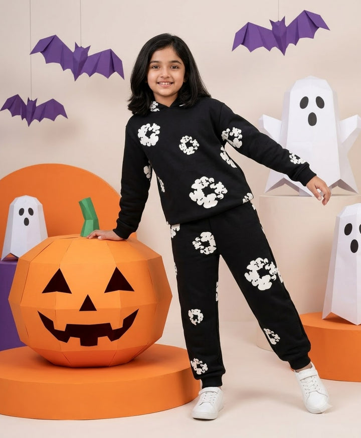 POP BLACK &amp; WHITE GIRLS FLEECE HOODIE JOGGER SET - BLACK