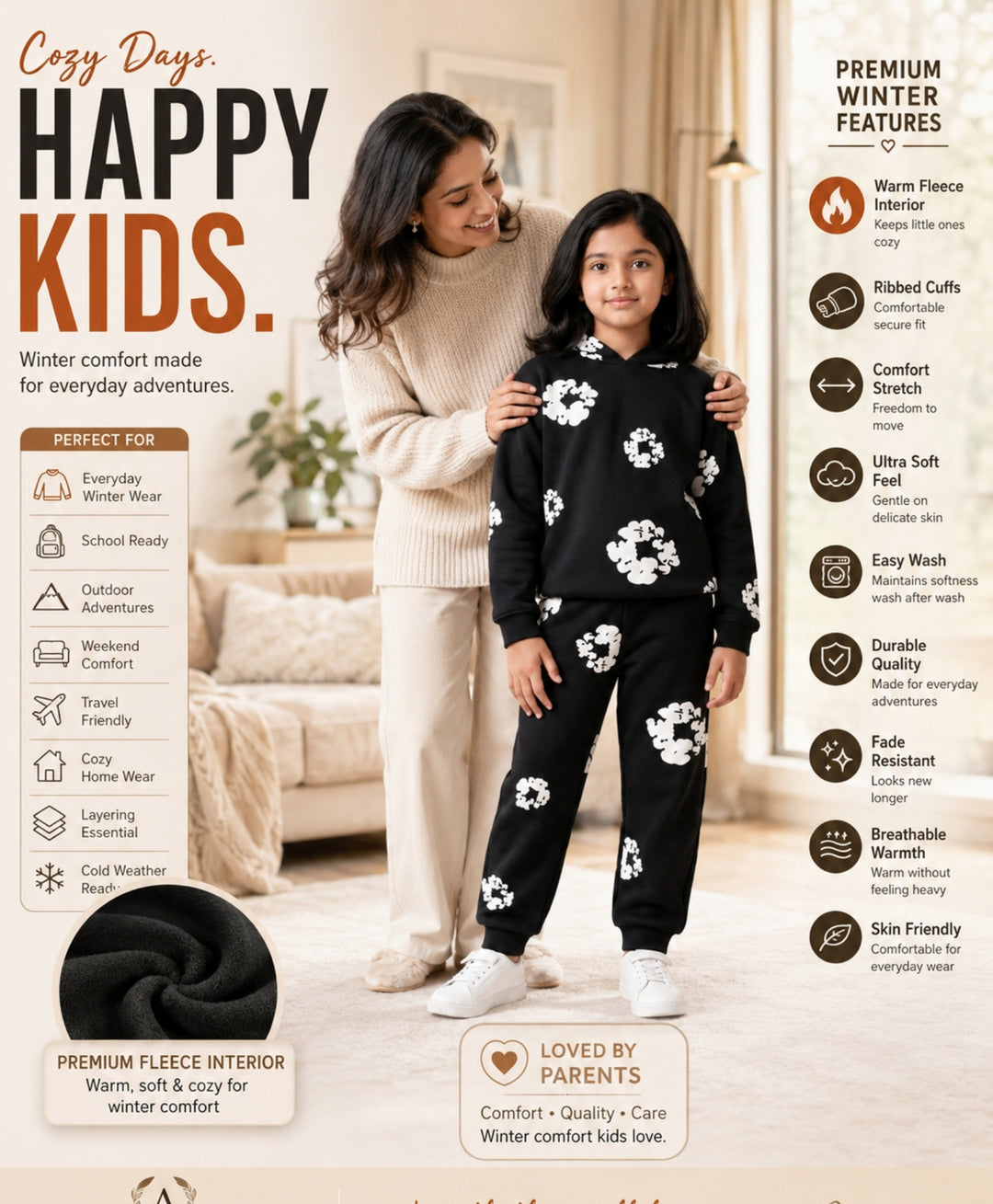 POP BLACK &amp; WHITE GIRLS FLEECE HOODIE JOGGER SET - BLACK