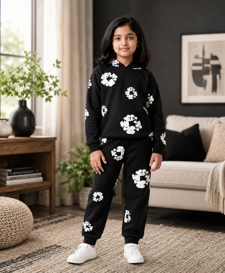 POP BLACK &amp; WHITE GIRLS FLEECE HOODIE JOGGER SET - BLACK