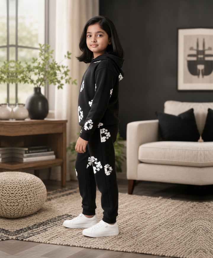 POP BLACK &amp; WHITE GIRLS FLEECE HOODIE JOGGER SET - BLACK