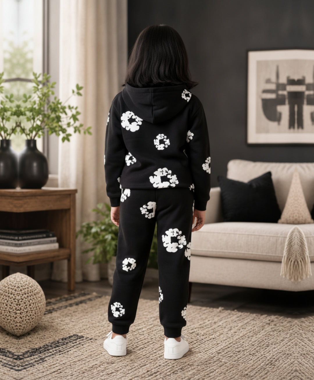 POP BLACK &amp; WHITE GIRLS FLEECE HOODIE JOGGER SET - BLACK