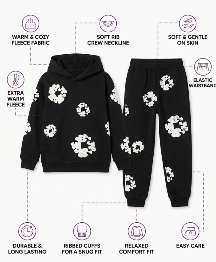 POP BLACK &amp; WHITE GIRLS FLEECE HOODIE JOGGER SET - BLACK