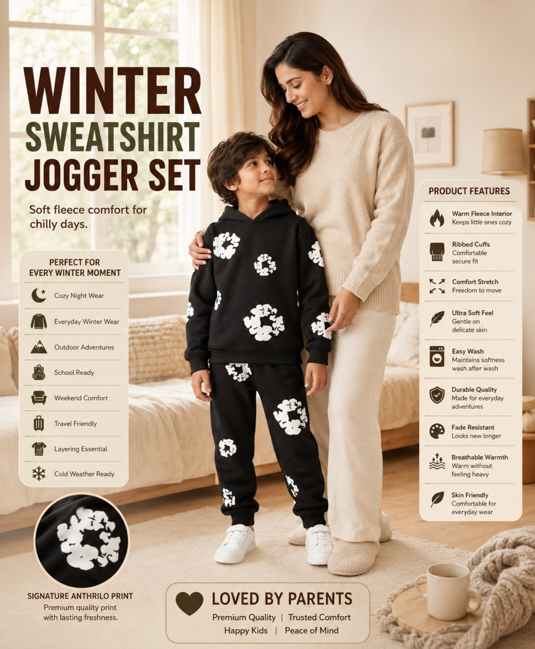 POP BLACK &amp; WHITE FLEECE HOODIE JOGGER SET - BLACK