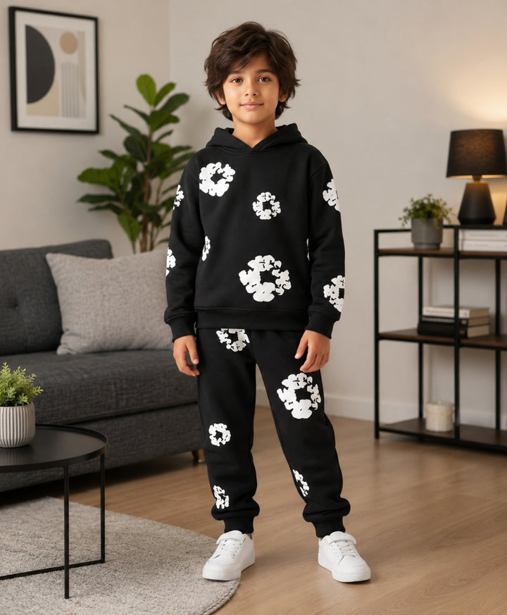 POP BLACK &amp; WHITE FLEECE HOODIE JOGGER SET - BLACK
