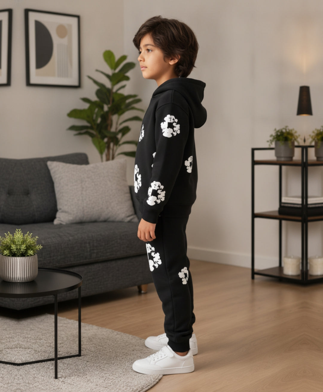 POP BLACK &amp; WHITE FLEECE HOODIE JOGGER SET - BLACK