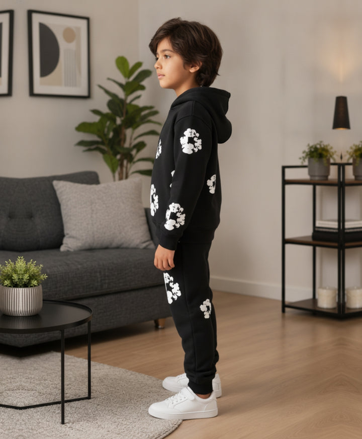 POP BLACK &amp; WHITE FLEECE HOODIE JOGGER SET - BLACK
