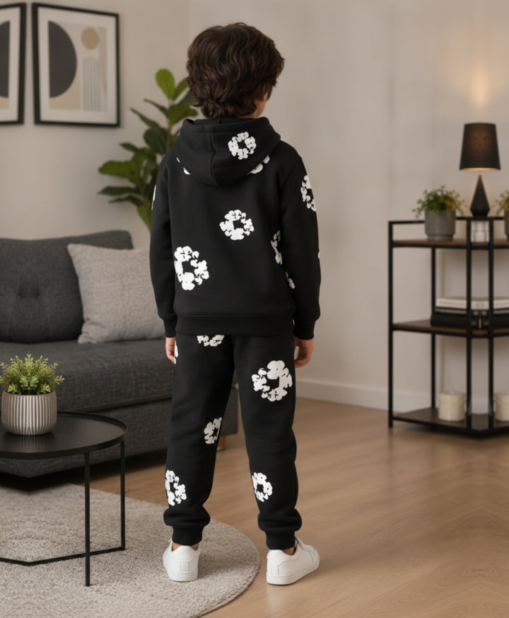 POP BLACK &amp; WHITE FLEECE HOODIE JOGGER SET - BLACK