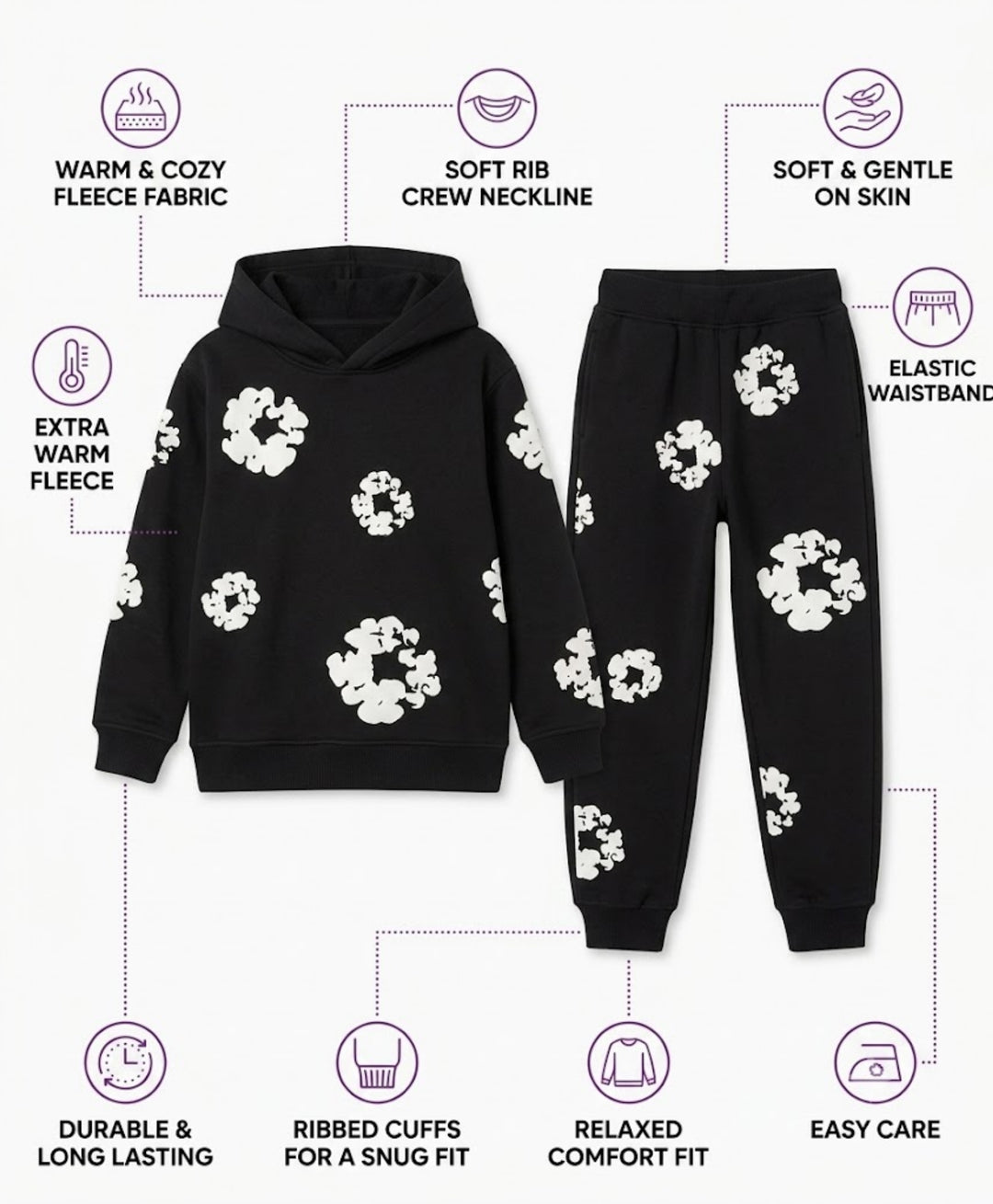 POP BLACK &amp; WHITE FLEECE HOODIE JOGGER SET - BLACK