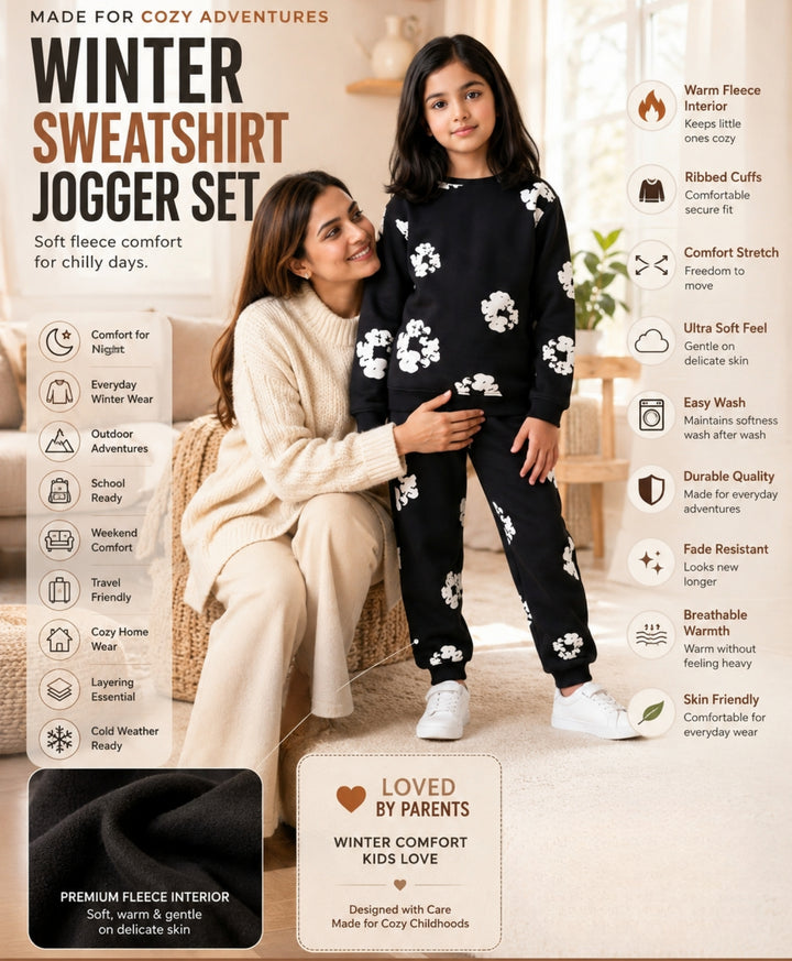 POP BLACK &amp; WHITE GIRLS FLEECE SWEATSHIRT JOGGER SET - BLACK