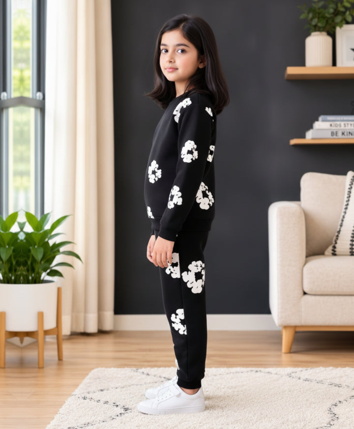 POP BLACK &amp; WHITE GIRLS FLEECE SWEATSHIRT JOGGER SET - BLACK